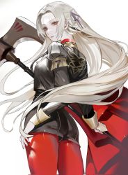 Rule 34 | 1girl, black jacket, brown eyes, cape, commentary request, cowboy shot, edelgard von hresvelg, fire emblem, fire emblem: three houses, fringe trim, from behind, garreg mach monastery uniform, hair ribbon, half updo, high collar, highres, holding, holding weapon, jacket, korean commentary, long hair, looking at viewer, looking back, nintendo, pantyhose, parted lips, platinum blonde hair, pyoyang, red cape, red pantyhose, ribbon, simple background, solo, standing, weapon, white background