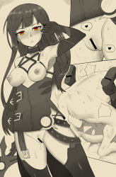 Rule 34 | 1girl, armpits, bad id, bad pixiv id, belt, blush, breasts, breasts out, censored, crimson avenger (elsword), elesis (elsword), elsword, heart, instant loss, mating press, monochrome, nipples, no panties, nt00, open mouth, penis, pussy juice, sequential, sex, solo focus, sweat, yellow eyes