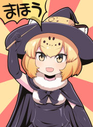 Rule 34 | 1girl, :d, alternate costume, animal ears, arm up, black bow, black bowtie, black cape, black gloves, blonde hair, blush, bow, bowtie, cape, ears through headwear, elbow gloves, fur collar, gloves, halloween, hat, highres, holding, holding wand, jaguar (kemono friends), jaguar ears, jaguar print, kemono friends, looking at viewer, meme, neta, niconico, open mouth, rantana (lalalalackluster), short hair, smile, solo, sunburst, sunburst background, translated, upper body, v-shaped eyebrows, wand, witch hat, yellow eyes