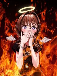Rule 34 | 1girl, absurdres, angel (nadegata), angel wings, bad id, bad twitter id, black shirt, blush, bracelet, bright pupils, brown hair, burning, clothes writing, covering own mouth, detached wings, feathered wings, finger tattoo, fingernails, fire, gishiki (gshk), hair intakes, halo, highres, jewelry, long hair, looking at viewer, original, profanity, purple eyes, shirt, short sleeves, solo, tattoo, upper body, white pupils, white wings, wings