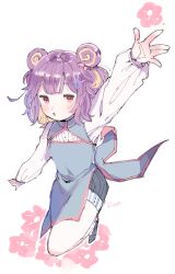 Rule 34 | 1girl, arm up, artist name, blush, china dress, chinese clothes, double bun, dress, hair bun, hair ornament, highres, jikuno, looking at viewer, open mouth, original, purple hair, red eyes, shorts, simple background, sketch, solo, white background