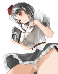 Rule 34 | 1girl, ahoge, belt, black hair, black skirt, blush, breasts, brown belt, bursting breasts, camera, commentary request, contrapposto, from below, gluteal fold, hand on own chest, hat, highres, holding, holding camera, large breasts, looking at viewer, medium hair, parted lips, petticoat, puffy short sleeves, puffy sleeves, red eyes, red hat, shameimaru aya, shirt, short sleeves, simple background, skirt, solo, thighs, tokin hat, touhou, upskirt, white background, white shirt, wing collar, yamabukiiro (browncat)