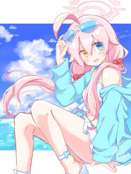 Rule 34 | 1girl, absurdres, ahoge, bikini, blue archive, blue jacket, eyewear on head, frilled bikini, frills, hair bobbles, hair ornament, halo, highres, hoshino (blue archive), hoshino (swimsuit) (blue archive), jacket, long hair, low twintails, official alternate costume, pink hair, sandals, sitting, solo, sunglasses, swimsuit, tinted eyewear, twintails, usetsusakon2, very long hair, white-framed eyewear, white bikini