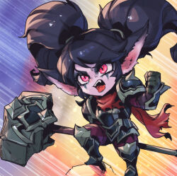 Rule 34 | 1girl, armor, black armor, black hair, blue background, brown gloves, clenched hand, fangs, gloves, hammer, holding, holding hammer, holding weapon, league of legends, multicolored background, noxus poppy, official alternate costume, orange background, phantom ix row, pink eyes, poppy (league of legends), red background, red scarf, scarf, solo, standing, teeth, torn clothes, torn scarf, twintails, upper teeth only, weapon, yordle