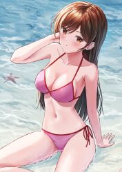 1girl bikini breasts brown_eyes brown_hair cleavage feet_out_of_frame highres kanojo_okarishimasu large_breasts long_hair looking_at_viewer mizuhara_chizuru navel pink_bikini rapnit side-tie_bikini_bottom sitting solo starfish swimsuit water