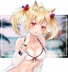 Rule 34 | 1girl, ahoge, animal ear fluff, animal ears, arknights, atychi, bare shoulders, bikini, blonde hair, blush, breasts, cleavage, collarbone, commentary, flower, hair flower, hair ornament, hand up, lens flare, long sleeves, medium breasts, navel, off shoulder, official alternate costume, open clothes, open shirt, orange eyes, parted lips, red flower, red rose, rose, shirt, short hair, solo, sora (arknights), sora (summer flowers) (arknights), stomach, swimsuit, twintails, upper body, white bikini, white shirt, wolf ears