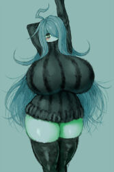Rule 34 | 1girl, 2b-ge, ahoge, bags under eyes, black sweater, black thighhighs, blue hair, breasts, cowboy shot, curvy, eyelashes, female focus, gigantic breasts, green theme, grey background, hair over one eye, long hair, looking at viewer, mei (2b-ge), messy hair, original, solo, striped clothes, striped sweater, sweater, taut clothes, thick thighs, thighhighs, thighs, turtleneck, turtleneck sweater, wide hips, zettai ryouiki