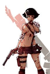 Rule 34 | 1girl, bad id, bad tumblr id, black hair, bleeding, blood, blood on clothes, breasts, capcom, cigarette, cuts, devil may cry, devil may cry (series), devil may cry 3, gun, handgun, heterochromia, injury, kneehighs, lady (devil may cry), miniskirt, off shoulder, one breast out, optionaltypo, scar, short hair, skirt, smoke, smoking, socks, solo, suppressor, thigh strap, torn clothes, torn skirt, weapon