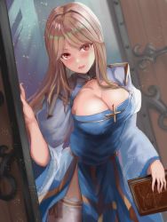 Rule 34 | 1girl, absurdres, arch bishop (ragnarok online), blonde hair, blue dress, blush, book, breasts, cleavage, cleavage cutout, clothing cutout, commentary request, cowboy shot, cross, door, doorway, dress, dutch angle, frilled thighhighs, frills, highres, holding, holding book, juliet sleeves, large breasts, long hair, long sleeves, looking at viewer, margaretha sorin, open mouth, opening door, pov doorway, puffy sleeves, ragnarok online, red eyes, sail (sail-away), sash, solo, thighhighs, two-tone dress, white dress, white thighhighs, yellow sash