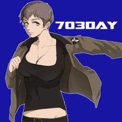 Rule 34 | 10s, 1girl, bad id, bad pixiv id, belt, between breasts, black belt, black shirt, black shorts, blue background, breasts, brown eyes, brown hair, brown jacket, cleavage, closed mouth, covered navel, dog tags, dressing, emblem, freckles, girls und panzer, hao (udon), jacket, large breasts, long sleeves, looking at viewer, military, military uniform, naomi (girls und panzer), no bra, open clothes, open jacket, saunders military uniform, shirt, short hair, shorts, simple background, smile, solo, standing, star (symbol), uniform, very short hair