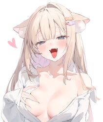 Rule 34 | 1girl, animal ears, artist request, blue eyes, breasts, hair ornament, highres, medium breasts, naked shirt, open mouth, shirt, solo, tongue, virtual youtuber, white background, white shirt