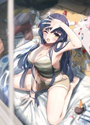 Rule 34 | 1girl, absurdres, armpits, bare legs, bare shoulders, barefoot, blue hair, blunt bangs, breasts, cleavage, collarbone, commentary request, futon, highres, idolmaster, idolmaster million live!, kitakami reika, large breasts, long hair, looking up, messy room, midriff, moment (moment 607), navel, one eye closed, open mouth, short shorts, shorts, sitting, solo, spaghetti strap, tank top, trash, very long hair, wariza, yellow eyes