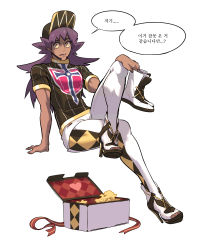 Rule 34 | 1boy, arm support, baseball cap, boots, box, champion uniform, commentary, creatures (company), dark-skinned male, dark skin, facial hair, game freak, hat, high heels, highres, holding, holding boots, holding clothes, holding footwear, invisible chair, korean text, leggings, leon (pokemon), long hair, looking down, male focus, nintendo, pokemon, pokemon swsh, purple hair, redlhzz, shield print, shirt, short shorts, short sleeves, shorts, sitting, solo, speech bubble, sword print, symbol-only commentary, white leggings, white shorts, yellow eyes