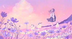 Rule 34 | 1girl, animal, backpack, bag, bird, closed mouth, closed eyes, field, flower, flower field, hill, landscape, long hair, medium hair, nature, original, outdoors, penguin, pink sky, scenery, skirt, sky, smile, solo focus, standing, sunset, tabisumika, watch, wide shot