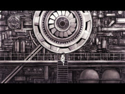 Rule 34 | 1girl, iwai ryou, letterboxed, mechanical, monochrome, original, solo, stairs