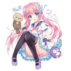 Rule 34 | 1girl, :d, animal, animal ears, bear ears, bird, black thighhighs, blue bow, blue choker, blue eyes, blue sailor collar, blue scrunchie, blush, bow, breasts, choker, commentary request, dated, dress, frilled dress, frills, hair between eyes, hair bow, hair ornament, hairclip, hand up, head tilt, jellyfish, knees together feet apart, kohinata hoshimi, long hair, looking at viewer, low twintails, mary janes, open mouth, original, panties, penguin, pink bow, pink hair, puffy short sleeves, puffy sleeves, purple footwear, sailor collar, sailor dress, scrunchie, shoes, short sleeves, sidelocks, signature, small breasts, smile, solo, star (symbol), thighhighs, twintails, underwear, very long hair, white dress, white panties, wrist scrunchie
