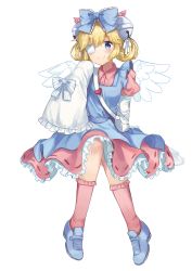 Rule 34 | 1girl, absurdres, bell, blonde hair, blue bow, blue dress, blue eyes, blue footwear, blush, bow, closed mouth, collared shirt, commission, dress, eyepatch, hair bell, hair bow, hair ornament, highres, invisible chair, jingle bell, juliet sleeves, long sleeves, looking at viewer, medical eyepatch, mochii, original, pink shirt, pink socks, puffy sleeves, shirt, shoes, simple background, sitting, sleeves past fingers, sleeves past wrists, smile, socks, solo, white background, wide sleeves, wing collar, wings
