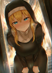 Rule 34 | 1girl, amamitsu kousuke, blonde hair, blue eyes, blurry, blurry background, blush, breasts, chromatic aberration, church, closed mouth, cross, habit, hair between eyes, heart, heart-shaped pupils, highres, indoors, large breasts, leaning forward, long hair, looking at viewer, nun, original, see-through, see-through silhouette, sidelocks, smile, solo, symbol-shaped pupils, traditional nun