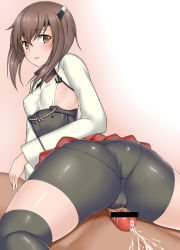 Rule 34 | 10s, 1girl, ass, bar censor, bike shorts, blush, breasts, brown eyes, brown hair, cameltoe, censored, cum, covered erect nipples, flat chest, from behind, frottage, grinding, headband, headgear, highres, kantai collection, looking at viewer, looking back, mizuse kouichi, open mouth, pantylines, penis, pointless censoring, short hair, sideboob, skindentation, skirt, smile, taihou (kancolle), thighhighs
