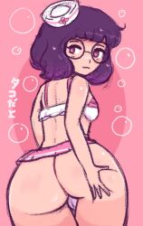 Rule 34 | 1girl, ass, ass grab, bikini, breasts, bubble, glasses, hand on own ass, hat, heart, legs, lilypichu, offlinetv, pink background, pink tank top, purple hair, cameltoe, sideboob, small breasts, smile, solo, swimsuit, tank top, thick thighs, thighs