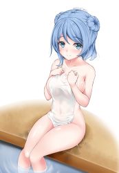 Rule 34 | 1girl, bad id, bad pixiv id, blue eyes, blue hair, blush, breasts, closed mouth, collarbone, covering privates, double bun, hair bun, highres, hip focus, holding, holding towel, kantai collection, knees together feet apart, large breasts, long hair, looking at viewer, naked towel, nude, nude cover, scrunchie, shiny skin, sidelocks, sitting, smile, solo, thighs, towel, urakaze (kancolle), water drop, wet, z5987