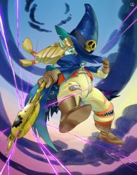 Rule 34 | 1boy, blonde hair, blue cape, blue hat, bodysuit, brown bodysuit, brown footwear, brown gloves, cape, digimon, digimon adventure, enrike (enrique mr blue), from below, gloves, hat, highres, holding, holding staff, long hair, outdoors, shoes, skull, solo, staff, wizard hat, wizarmon