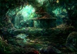 Rule 34 | forest, highres, house, mushroom, nature, no humans, original, outdoors, scenery, signature, stream, water, yanagifor