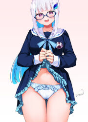 Rule 34 | 1girl, blue cardigan, blue hair, blue panties, blunt bangs, blush, bow, bow panties, breasts, cardigan, clothes lift, festa11307070, glasses, gluteal fold, lifted by self, lize helesta, looking at viewer, medium breasts, navel, nijisanji, open mouth, paid reward available, panties, purple eyes, school uniform, signature, skirt, skirt lift, smile, solo, standing, thigh gap, thighs, underwear, virtual youtuber, white hair