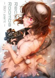 Rule 34 | 1girl, animal ears, ass, blush, brown hair, bullpup, carrot necklace, copyright name, cover, cover page, dress, finger on trigger, from above, gun, imizu (nitro unknown), inaba tewi, jewelry, looking at viewer, looking back, necklace, p90, personal defense weapon, pink dress, puffy sleeves, rabbit ears, rabbit girl, rabbit tail, red eyes, short hair, short sleeves, solo, submachine gun, suppressor, sweat, tail, tears, text focus, thighhighs, touhou, weapon, white thighhighs