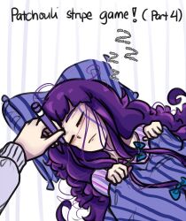 Rule 34 | 1girl, 1other, ahoge, aqua bow, blunt bangs, bow, closed eyes, commentary, english commentary, english text, highres, meme, patchouli knowledge, pillow, purple bow, purple hair, simple background, sleeping, striped background, striped clothes, tem (insomnia tem), touhou, twitter strip game (meme), under covers, white background, zzz