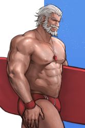 Rule 34 | 1boy, abs, alternate costume, bara, bare pectorals, baywatch, beard, bulge, chest hair, cowboy shot, dopey (dopq), facial hair, from side, hair slicked back, highres, large pectorals, lifeguard, looking at viewer, male focus, male swimwear, muscular, muscular male, mustache, navel, navel hair, nipples, old, old man, overwatch, overwatch 1, pectorals, red male swimwear, red swim briefs, reinhardt (overwatch), short hair, solo, stomach, surfboard, swim briefs, swimsuit, thick thighs, thighs, veins, whistle, whistle around neck, white hair