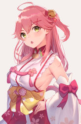 Rule 34 | 1girl, :o, ahoge, arl, bare shoulders, bell, blush, bow, breasts, cowboy shot, detached sleeves, floral print, flower, green eyes, grey background, hair bell, hair ornament, hairclip, hand on own hip, highres, hololive, japanese clothes, jingle bell, large breasts, long sleeves, looking at viewer, obi, one side up, open mouth, pink bow, pink flower, sakura miko, sakura miko (1st costume), sash, sideboob, simple background, solo, tassel, virtual youtuber, wide sleeves, wing collar, x hair ornament, yellow bow
