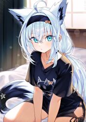 1girl ahoge animal_ear_fluff animal_ear_piercing animal_ears bed between_legs black_hairband black_shirt blue_eyes blush braid by_mirin clip_studio_paint_(medium) closed_mouth collarbone extra_ears feet_out_of_frame fox_ears fox_girl fox_tail hair_between_eyes hairband hand_between_legs hashtag-only_commentary hip_vent hololive indoors light_particles long_hair looking_at_viewer low_twintails making-of_available no_pants official_alternate_costume print_shirt shirakami_fubuki shirakami_fubuki_(loungewear) shirt side_braid sidelocks single_braid sitting solo star_(symbol) sunlight t-shirt tail twintails virtual_youtuber white_hair window