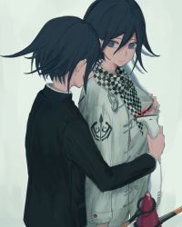 Rule 34 | 2boys, barcode scanner, black eyes, black hair, black jacket, checkered clothes, checkered scarf, commentary request, cowboy shot, danganronpa (series), danganronpa v3: killing harmony, dual persona, from side, hair between eyes, highres, holding, iumi urura, jacket, long sleeves, looking at another, male focus, multiple boys, official alternate costume, oma kokichi, scarf, shirt, short hair, simple background, straitjacket, upper body, white background, white jacket, white shirt