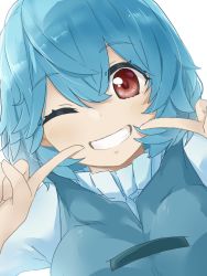 Rule 34 | 1girl, ;d, blue hair, highres, looking at viewer, one eye closed, open mouth, pointing, pointing at self, red eyes, short hair, simple background, smile, solo, tatara kogasa, touhou, tyouseki, upper body, white background
