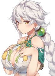 Rule 34 | 10s, 1girl, bad id, bad pixiv id, bare shoulders, blush, braid, breasts, brown eyes, bursting breasts, cleavage, cleavage cutout, clothing cutout, hair ornament, hand on own chest, jitome, kantai collection, large breasts, long hair, looking at viewer, pokoten (pokoten718), ponytail, silver hair, simple background, single braid, solo, unryuu (kancolle), upper body, white background, yellow eyes