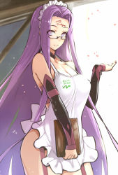 Rule 34 | 1girl, akinaie, alternate costume, apron, bare shoulders, book, breasts, cherry blossoms, choker, cleavage, detached sleeves, facial mark, fate/grand order, fate/stay night, fate (series), forehead mark, garter straps, glasses, hip vent, holding, holding book, large breasts, long hair, looking at viewer, maid headdress, medusa (fate), medusa (rider) (fate), medusa (rider) (third ascension) (fate), petals, purple eyes, purple hair, semi-rimless eyewear, sidelocks, solo, under-rim eyewear, very long hair, waitress