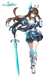 Rule 34 | 1girl, :&lt;, absurdres, antenna hair, armor, armored boots, armpits, artist request, bare shoulders, bike shorts, black gloves, black shirt, blue skirt, boots, breastplate, breasts, brown hair, closed mouth, clothing cutout, detached sleeves, faulds, floating hair, full body, gauntlets, gloves, hair ornament, hand up, highres, holding, holding sword, holding weapon, knee boots, lily bloomerchen, long hair, looking at viewer, medium breasts, miniskirt, official art, pelvic curtain, puffy sleeves, red eyes, shirt, short shorts, shorts, side cutout, skirt, solo, soulworker, standing, sword, v-shaped eyebrows, weapon, white background