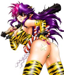 Rule 34 | 1girl, animal print, arched back, armpits, ass, bandaid, bare shoulders, bracelet, breasts, cleavage, club, club (weapon), covered erect nipples, earrings, elbow gloves, fang, fingerless gloves, floating hair, from side, gloves, hair between eyes, hand on own ass, holding, horns, jewelry, kanabou, large breasts, leotard, long hair, looking at viewer, looking back, manabe jouji, multicolored hair, nail polish, oni, over shoulder, pink hair, pink nails, pointy ears, print thighhighs, purple hair, red eyes, rope, shide, sideboob, sidelocks, simple background, solo, spiked bracelet, spiked club, spikes, spread legs, tears, thighhighs, thong, thong leotard, tiger print, two-tone hair, very long hair, wavy hair, weapon, weapon over shoulder, white background
