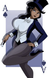 Rule 34 | 1girl, absurdres, ace (playing card), ace of spades, black footwear, black hair, black hat, black leotard, blazer, blue eyes, bow, bowtie, breasts, card, cleavage, closed mouth, commentary request, dark-skinned female, dark skin, dc comics, dcau, grey pantyhose, hand on own hip, hat, high heels, highres, holding, holding wand, jacket, justice league, knee up, large breasts, leotard, lips, long hair, long sleeves, looking to the side, magician, open clothes, pantyhose, playing card, red lips, shadow, shirt, shoes, solo, sonson-sensei, spade (shape), standing, standing on one leg, superhero costume, tan, top hat, wand, western comics (style), white bow, white bowtie, white shirt, zatanna zatara
