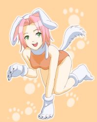 Rule 34 | all fours, animal ears, artist request, bare shoulders, dog ears, gloves, green eyes, haruno sakura, naruto, naruto (series), open mouth, pink hair, short hair, tail