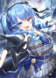 Rule 34 | 1girl, belt, beret, black choker, black gloves, blue belt, blue bow, blue eyes, blue hair, blue necktie, blush, bow, breasts, choker, dress, fingernails, gloves, grey dress, grey hat, hat, highres, holding, holding microphone, hololive, hoshimachi suisei, hoshimachi suisei (1st costume), looking at viewer, medium breasts, medium hair, microphone, nail polish, necktie, one side up, open mouth, plaid, plaid dress, plaid headwear, short necktie, side ponytail, smile, solo, stage, stage lights, star (symbol), striped, striped bow, teeth, tongue, topia, upper teeth only, virtual youtuber