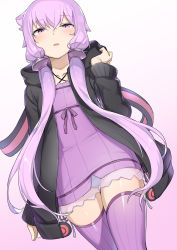 Rule 34 | 1girl, abmayo, black jacket, blush, collarbone, dress, grey background, hair ornament, hand up, highres, hood, hood down, hooded jacket, jacket, long hair, looking at viewer, open clothes, open jacket, open mouth, pink dress, pink eyes, pink hair, purple thighhighs, ribbon, short hair with long locks, simple background, solo, thighhighs, voiceroid, yuzuki yukari