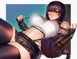Rule 34 | 1girl, artist name, badcompzero, bare shoulders, black background, black hair, blue background, blush, border, breasts, commentary, covered erect nipples, cowboy shot, earrings, elbow gloves, english commentary, final fantasy, final fantasy vii, final fantasy vii remake, fingerless gloves, gloves, gradient background, highres, jewelry, large breasts, long hair, looking at viewer, microskirt, multicolored background, navel, open mouth, panties, red eyes, skirt, solo, square enix, suspender skirt, suspenders, teeth, thighhighs, tifa lockhart, toned, tongue, underwear, watermark, white border