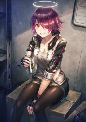 Rule 34 | 1girl, absurdres, anbe yoshirou, arknights, black gloves, black pantyhose, breasts, brown eyes, can, cleavage, clothes writing, commentary request, exusiai (arknights), fingerless gloves, gloves, grin, hair over one eye, halo, highres, holding, holding can, jacket, long sleeves, looking at viewer, medium breasts, open clothes, open jacket, open mouth, pantyhose, red hair, shirt, short hair, sidelocks, sitting, skirt, smile, solo, white jacket