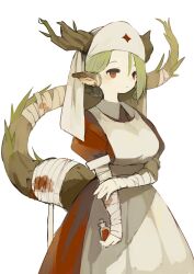 Rule 34 | 1girl, absurdres, animal ears, apron, asymmetrical hair, bandaged arm, bandaged tail, bandages, blood, blood vial, bloody bandages, braid, collared dress, commentary request, dragon ears, dragon girl, dragon tail, dress, green hair, hair between eyes, hat, highres, holding vial, horns, light smile, looking at viewer, nurse, nurse cap, original, puffy short sleeves, puffy sleeves, red dress, red eyes, sakutake (ue3sayu), short sleeves, solo, tail, tree horns, veil, vial