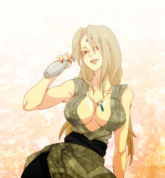 Rule 34 | 1girl, blonde hair, bottle, breasts, cleavage, female focus, gradient background, jewelry, long hair, md5 mismatch, naruto, naruto (series), necklace, red eyes, sogno, solo, tsunade (naruto)