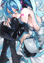 Rule 34 | 1girl, absurdres, bare shoulders, black thighhighs, blue eyes, blue hair, boots, breasts, hatsune miku, headphones, high heel boots, high heels, highres, hugging own legs, looking at viewer, lying, sideboob, solo, thigh boots, thighhighs, tkc takahashi, vocaloid