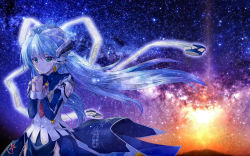 Rule 34 | 1girl, blue hair, blue skirt, floating hair, green eyes, guangyuying de lianyi, hair between eyes, headgear, hoshino yumemi, long hair, long sleeves, necktie, own hands clasped, own hands together, planetarian, red necktie, scenery, skirt, sky, solo, standing, star (sky), starry sky, very long hair