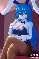 Rule 34 | 1girl, :&lt;, animal ears, ass, bare shoulders, black leotard, blue hair, blue skin, blush, breasts, cleavage, colored skin, covered navel, cowboy shot, crossed legs, curvy, detached collar, expressionless, fake animal ears, highleg, highleg leotard, large breasts, leotard, long hair, lucy (lucyfer), lucyfer, original, pantyhose, playboy bunny, rabbit ears, red eyes, shiny skin, simple background, sitting, solo, thighs, very long hair, wide hips